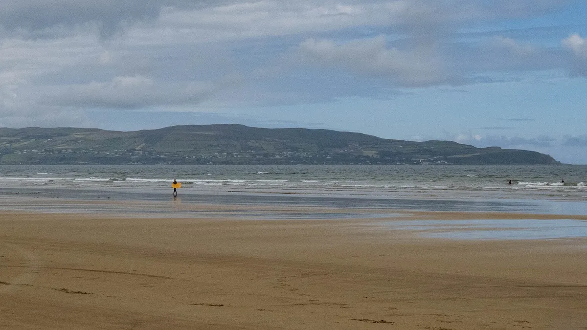 The long beach at Benone with the hills of Inishowen across the water
