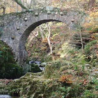 An old stone arch bridge over a river gorge among autumn trees in Tollymore Forest Park