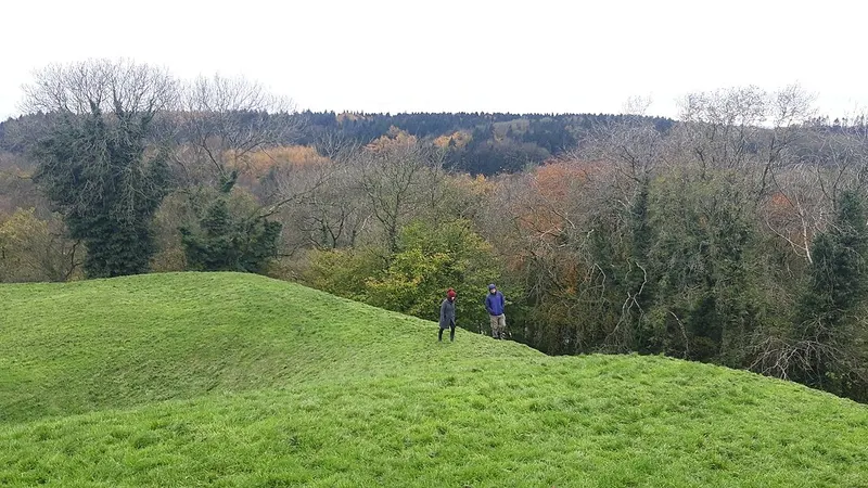 The grassy mound of Mountsandel Fort with woodland behind it