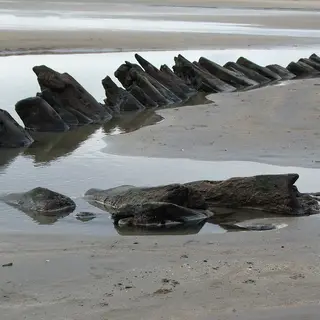 Timbers of a wreck on the wet sand at Streedagh