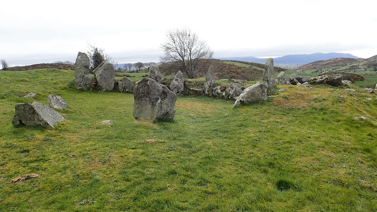 The standing stones of Ballymacdermot court tomb in a grassy field, with low hills behind