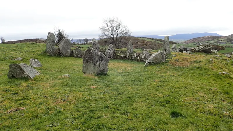 The standing stones of Ballymacdermot court tomb in a grassy field, with low hills behind