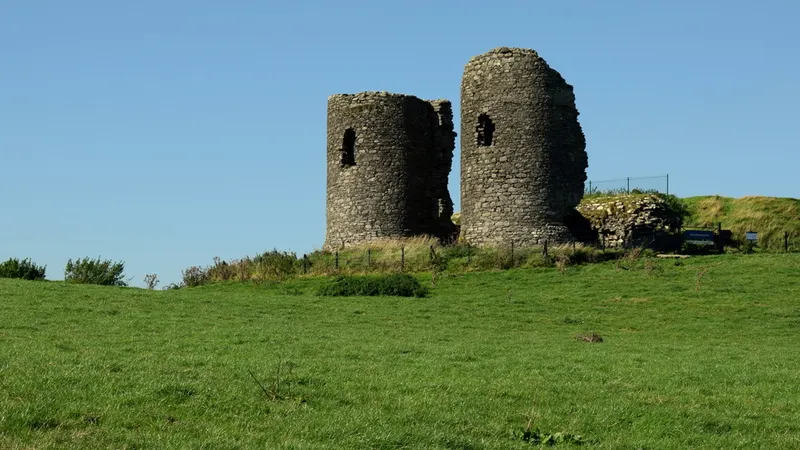 The two ruined round towers of Harry Avery's Castle on a grassy hilltop under a blue sky