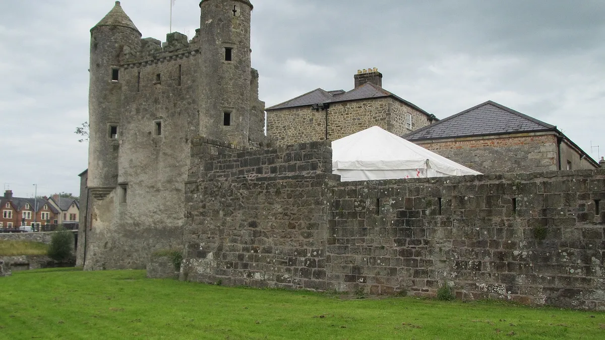 The keep of Enniskillen Castle with its two corner turrets rising above the curtain wall