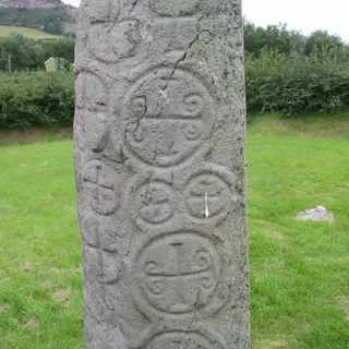 Close view of the Kilnasaggart pillar stone, carved with crosses set inside circles
