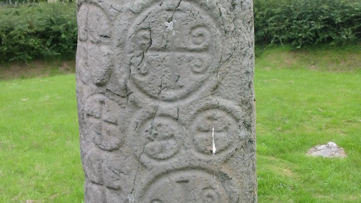 Close view of the Kilnasaggart pillar stone, carved with crosses set inside circles