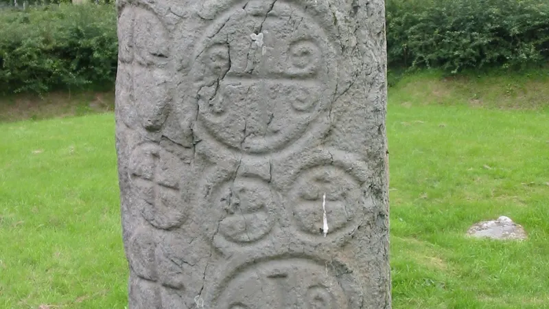 Close view of the Kilnasaggart pillar stone, carved with crosses set inside circles