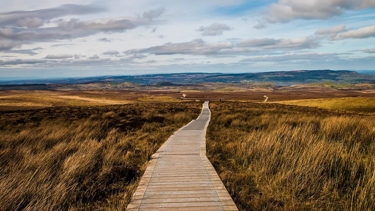 The wooden boardwalk running out across brown bog grass towards a wide view of the Fermanagh lowlands