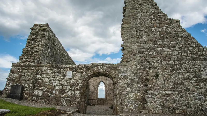 The ruined stone church at Drumlane with its pointed doorway