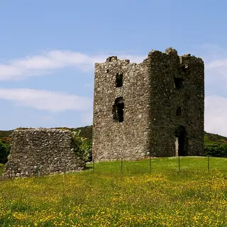 The ruined square stone tower of Moyry Castle on a grassy hill of yellow wildflowers