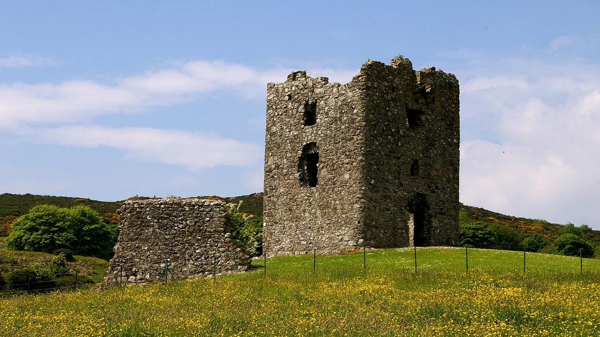 The ruined square stone tower of Moyry Castle on a grassy hill of yellow wildflowers