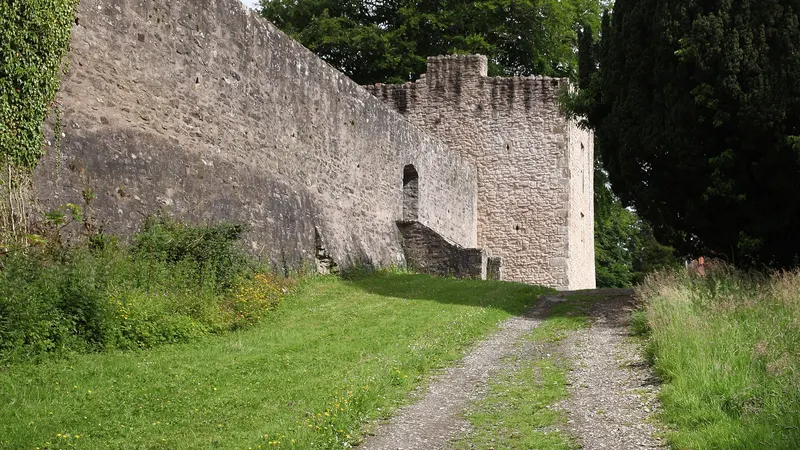 The high stone bawn wall of Benburb Castle and a corner tower beside a grassy track
