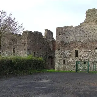 The ruined stone and brick walls of Mountjoy Castle behind a hedge and a green gate