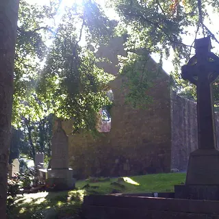 The gable of a ruined stone church at Killevy among trees, with a stone cross in the graveyard