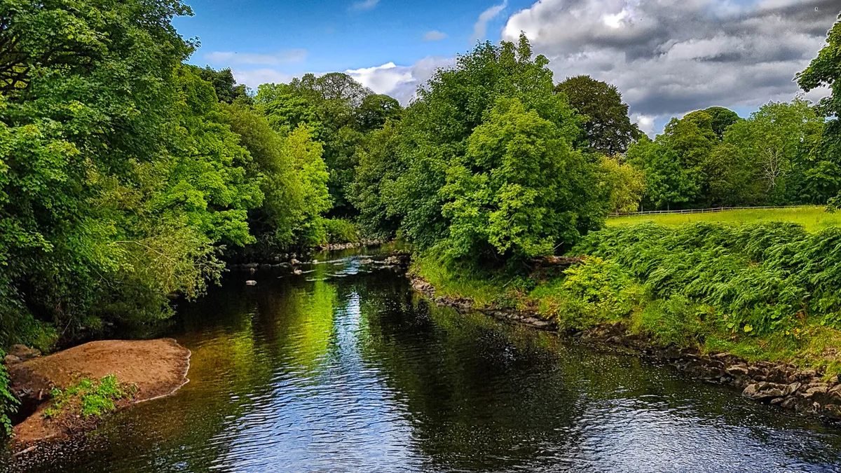 The River Roe running over stones between wooded banks in Roe Valley Country Park