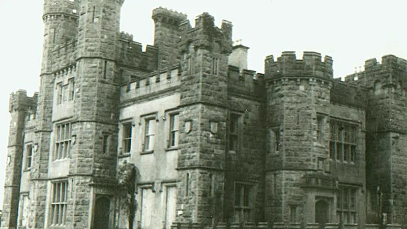 The castellated front of Castle Saunderson in a faded old photograph
