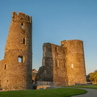 The round towers of Ferns Castle in evening light