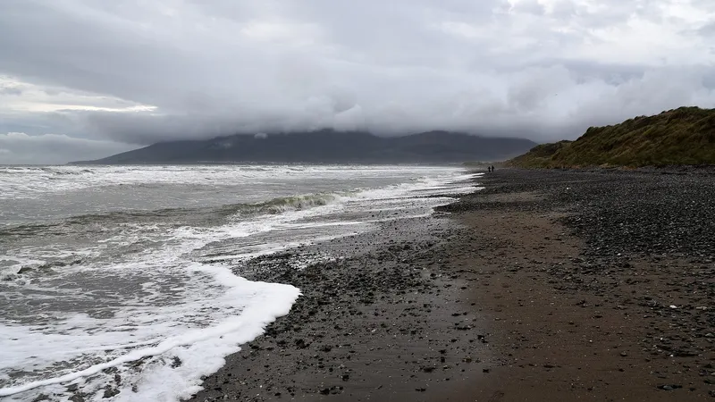 Waves breaking on the dark sand at Murlough, with the Mourne Mountains under cloud across the bay