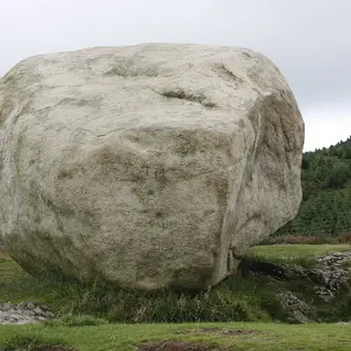 The huge pale granite boulder of the Cloughmore Stone on a grassy slope above forest