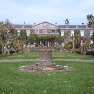 The front of Mount Stewart house behind a lawn with palms and a stone sundial