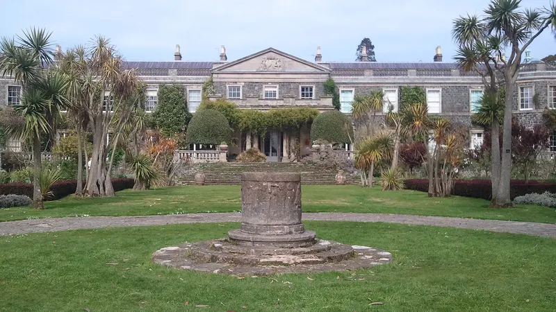 The front of Mount Stewart house behind a lawn with palms and a stone sundial