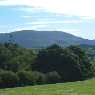 Slieve Gullion rising above green fields and woodland
