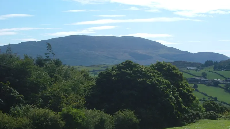 Slieve Gullion rising above green fields and woodland