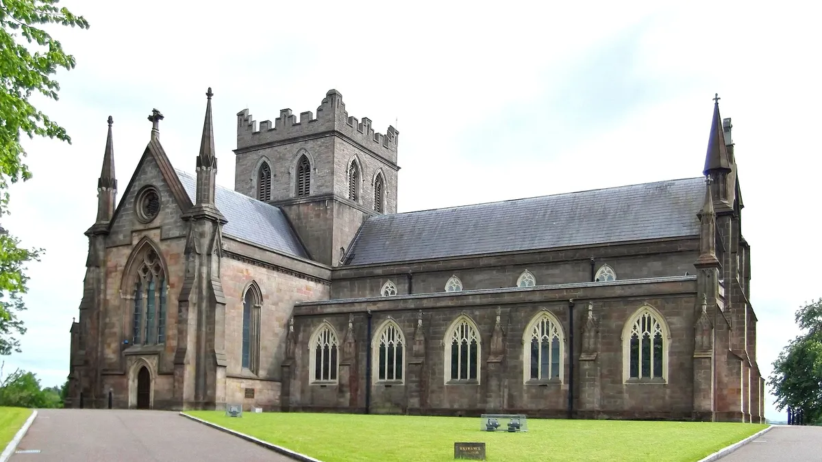 St Patrick's Church of Ireland Cathedral in Armagh, a long sandstone church with a square central tower